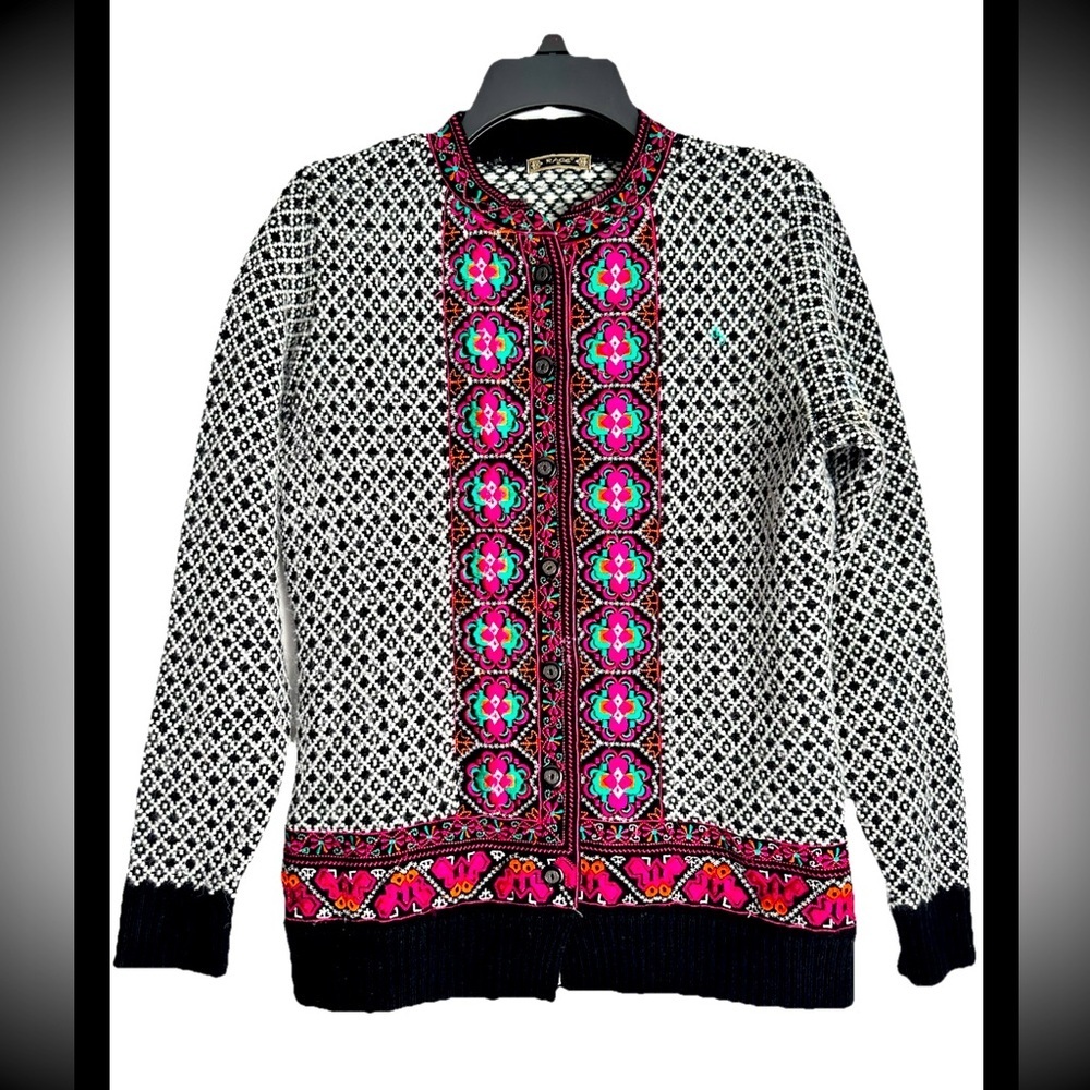 RAGE Women's Nordic-Style Acrowool Black Pink Patterned Cardigan Sweater Sz XL